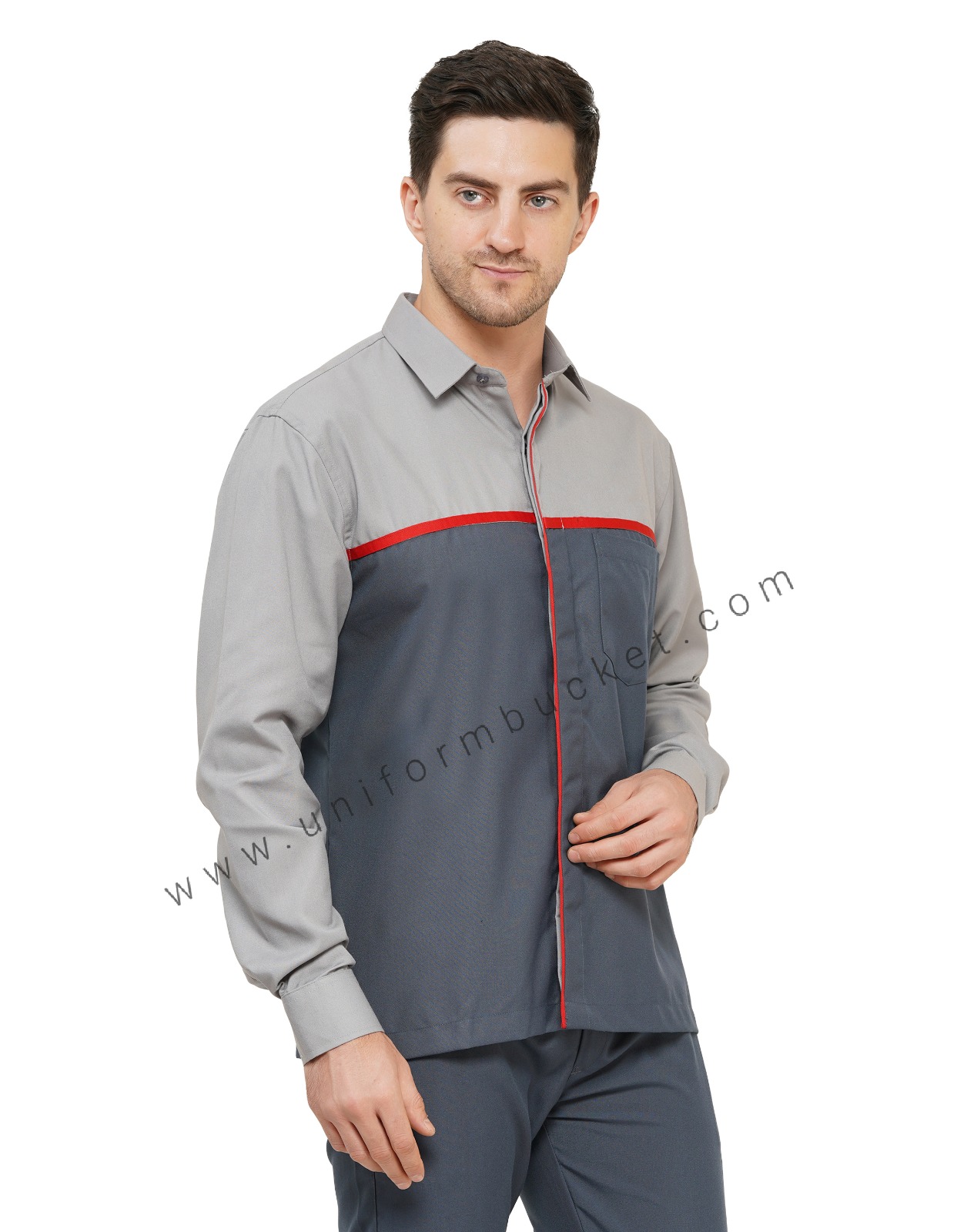 MALE WORKWEAR DARK GREY SHIRT WITH  LIGHT YOKE & RED PIPING  thumbnail 3